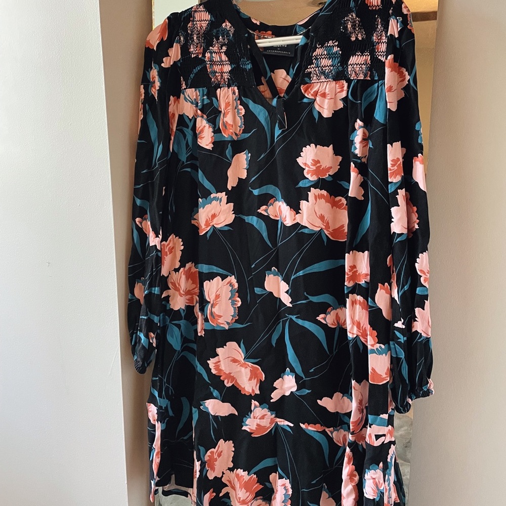 Anthropologie Maeve Ragonda Floral Tunic Dress Flounce Hem Shirred Sz 8